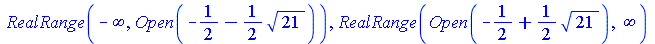 RealRange(`+`(`-`(infinity)), Open(`+`(`-`(`/`(1, 2)), `-`(`*`(`/`(1, 2), `*`(sqrt(21))))))), RealRange(Open(`+`(`-`(`/`(1, 2)), `*`(`/`(1, 2), `*`(sqrt(21))))), infinity)